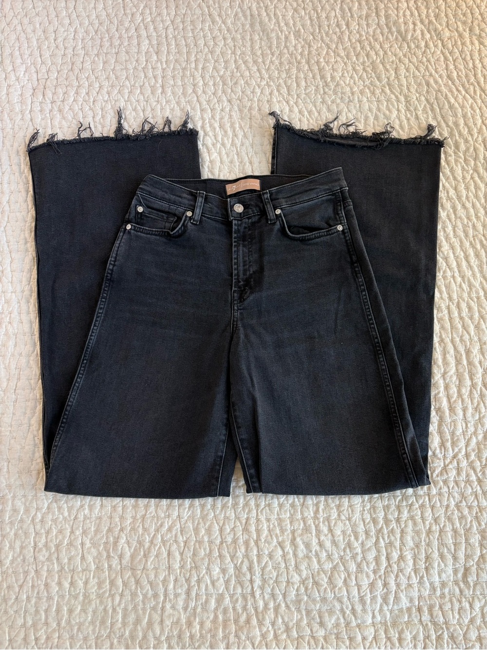 7 For All Mankind Black Raw-Hem Wide-Leg Jeans